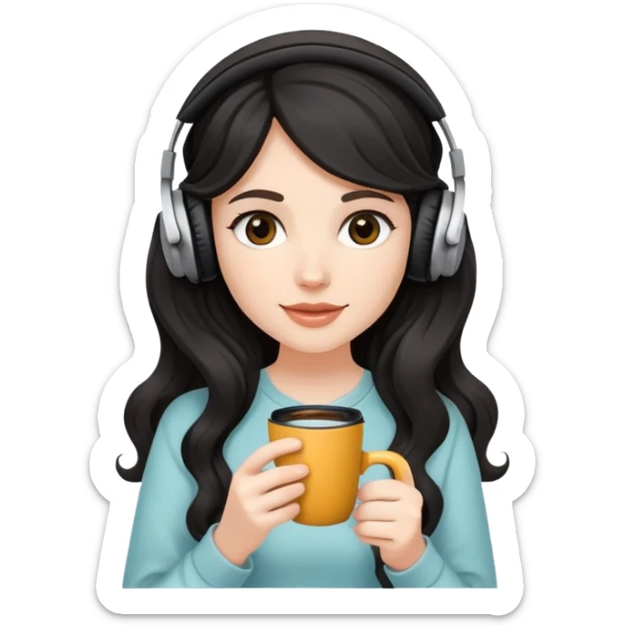 A white girl with black wavy long hair, wearing headphones on her head and holding coffee in her hand SHe has delicate facial features sticker