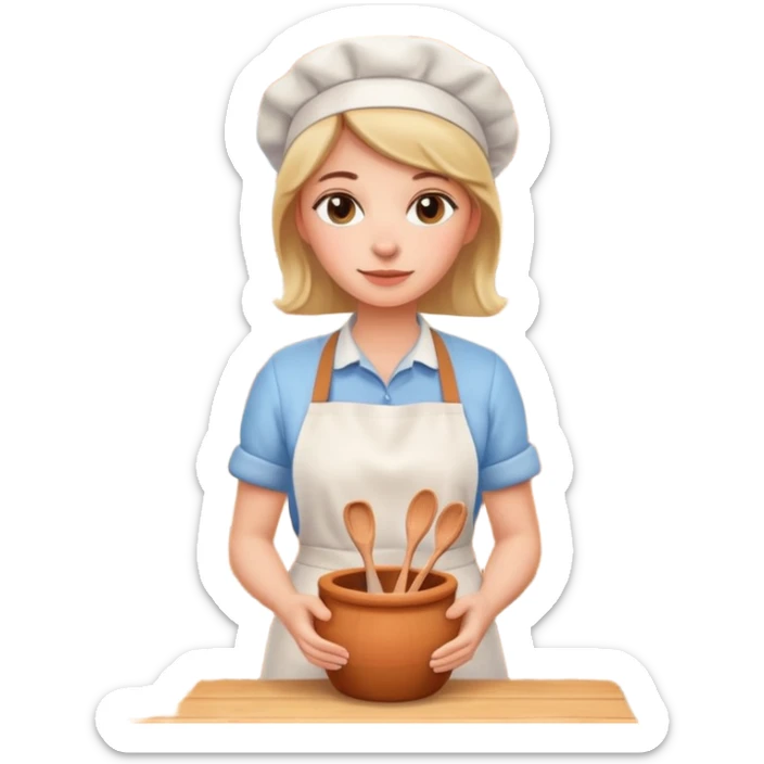 cartoon Apple iOS emoji style woman, pastel colors, Chilean wooden kitchen background, clay pots, warm light, detailed and clean vector art sticker