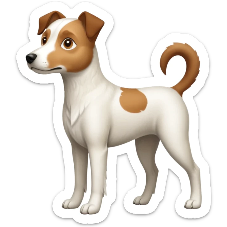 a full body large white parson russell looking dog the size of a kelpie with light brown flopped down ears and a light brown patch on one eye and a large snout sticker
