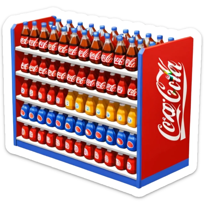 3D warehouse shelf with Coca-Cola, Pepsi, Fanta bottles and products, 
organized retail shelves, colorful product packages, store inventory, 
transparent background, emoji style, realistic, isometric view sticker