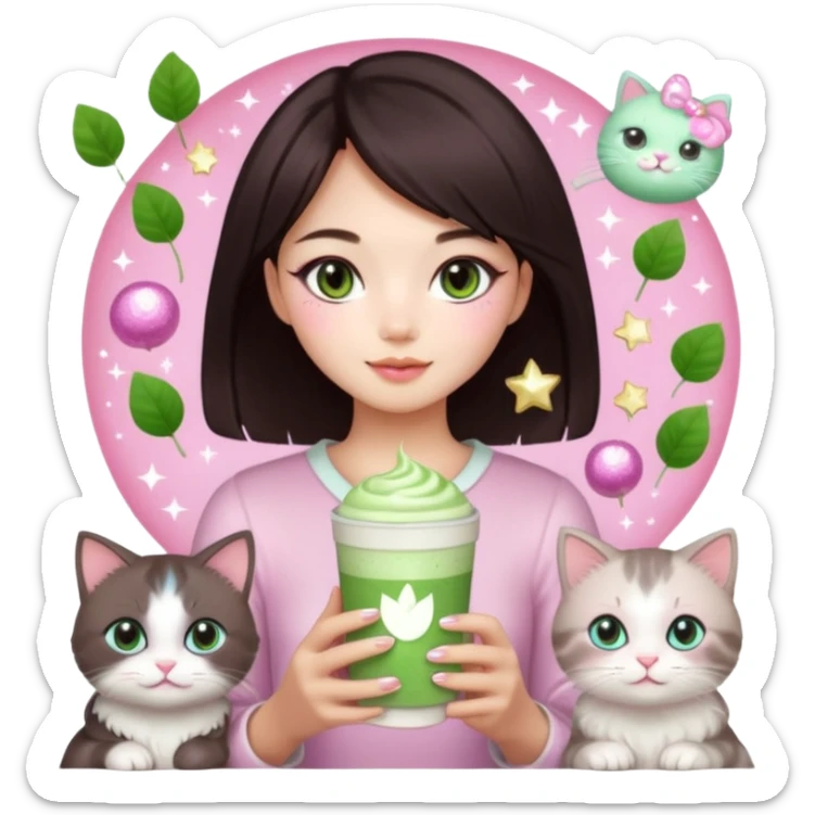 asian girl with shoart dark brown hair with a soft girl pink glowup aesthetic. matcha latte sparkles girly things, 2 ragdoll cats, skincare, makeup, money, luxury sticker