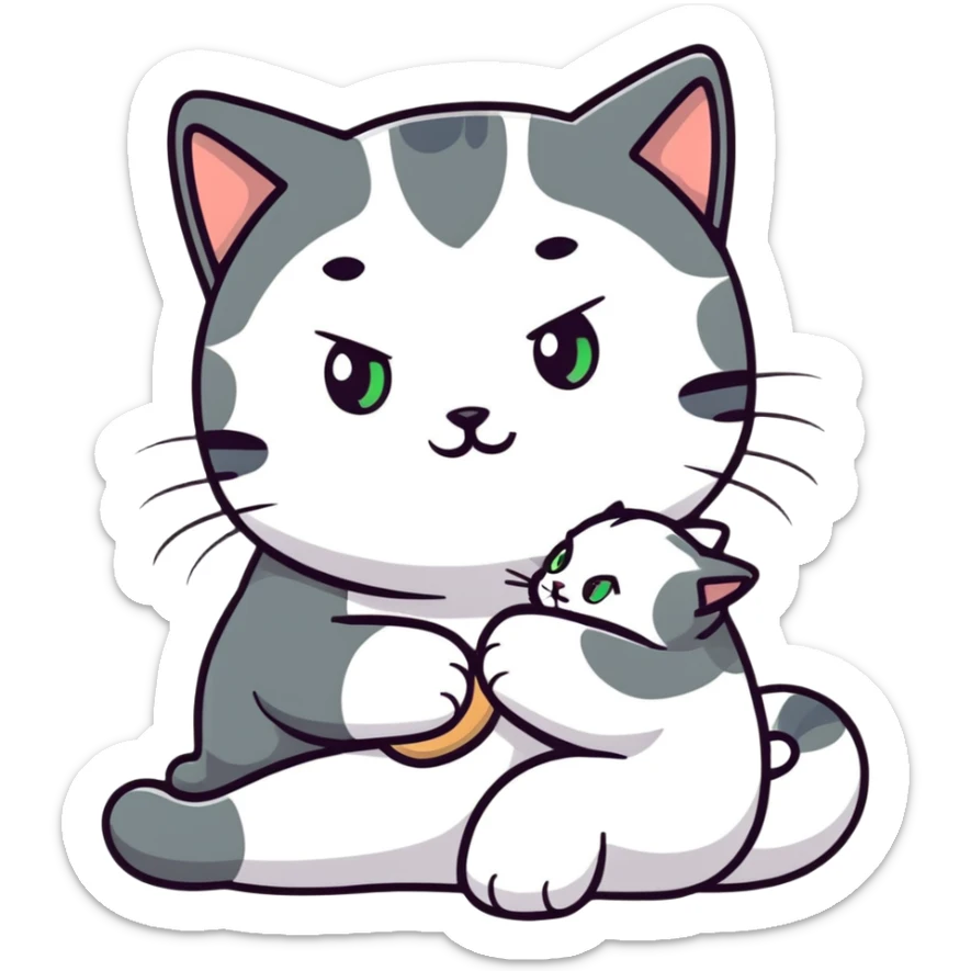 grey green eyed cat sitting on white skin brunette girl’s lap sticker