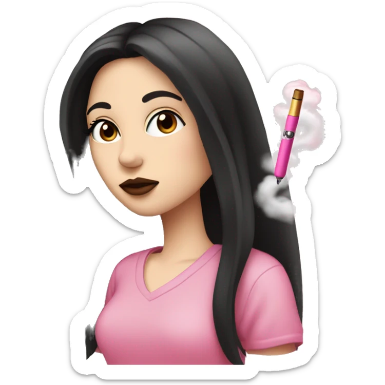 Pale girl with long black hair and brown eyes smoking a pink vape pen with hearts on it sticker