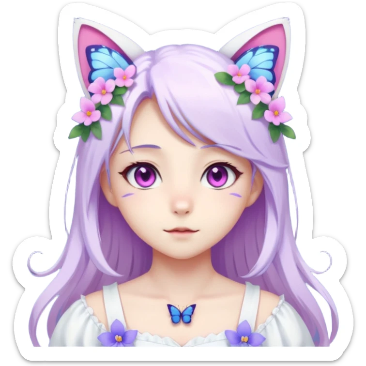female anime character with pink eyes long white hair periwinkle highlights and cat ears on her head. She is wearing a white dress with purple flowers and butterfly. sticker
