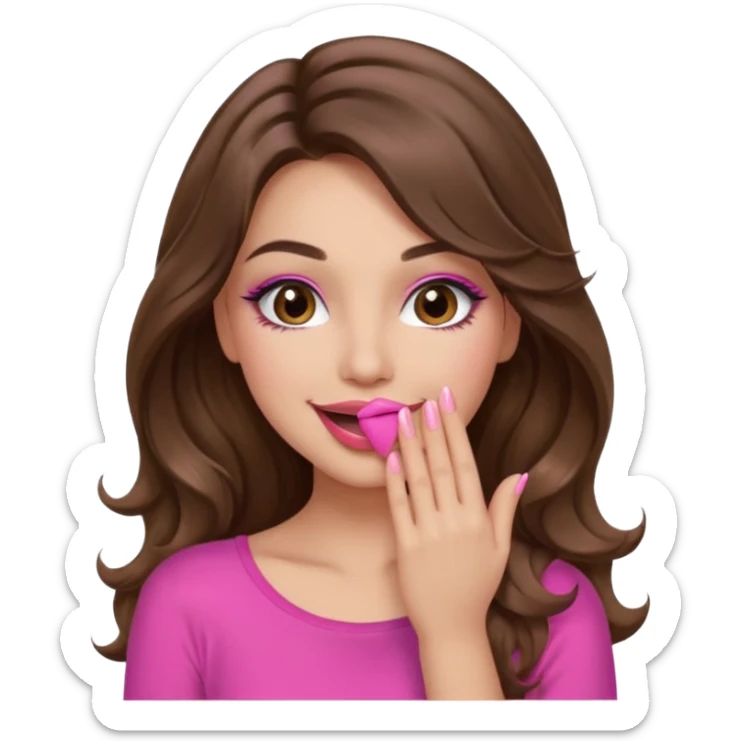 girl with long wavy brown hair, brown eyes, long lashes makeup, sexy pink lips, light to medium complexion, pink sexy top, smiling, hand covering mouth sticker