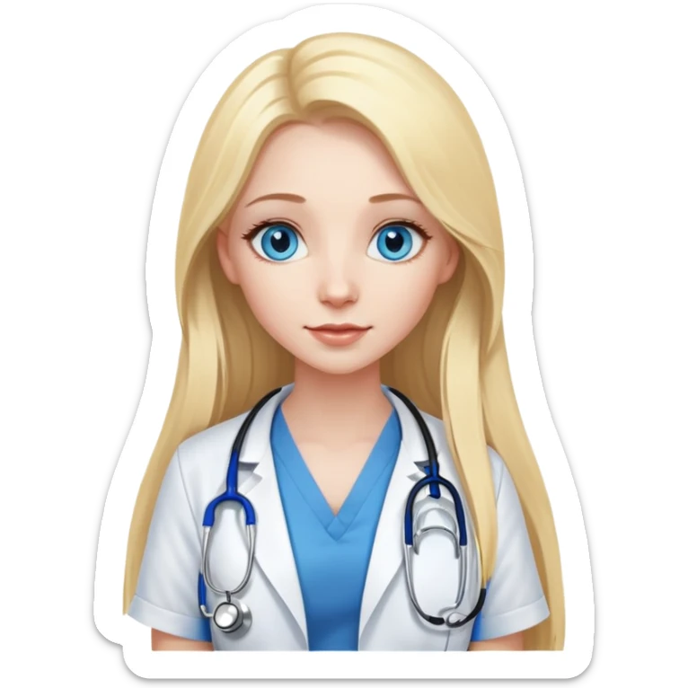pretty woman with pale skin and who has BLUE eyes and very long blonde hair with a stethoscope around her nexk sticker