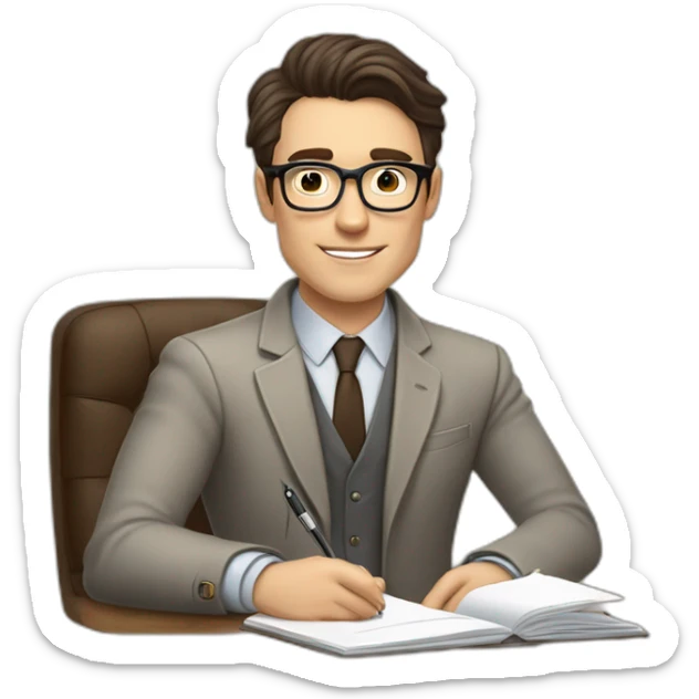 Pale skinned Fit Man With dark brown hair in gray jacket, beige office shirt, Brown pants and vintage glasses sitting In a soft chair with a notebook on spring with emblem Ψ and a pen sticker