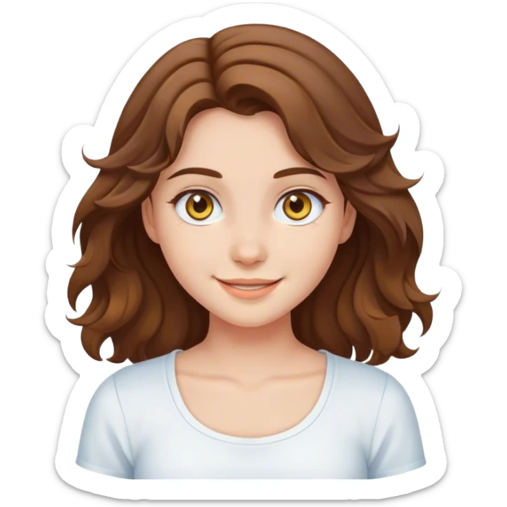 girl with brown wavy hair and bluey yellowish eyes cute smiling, wearing white top sticker