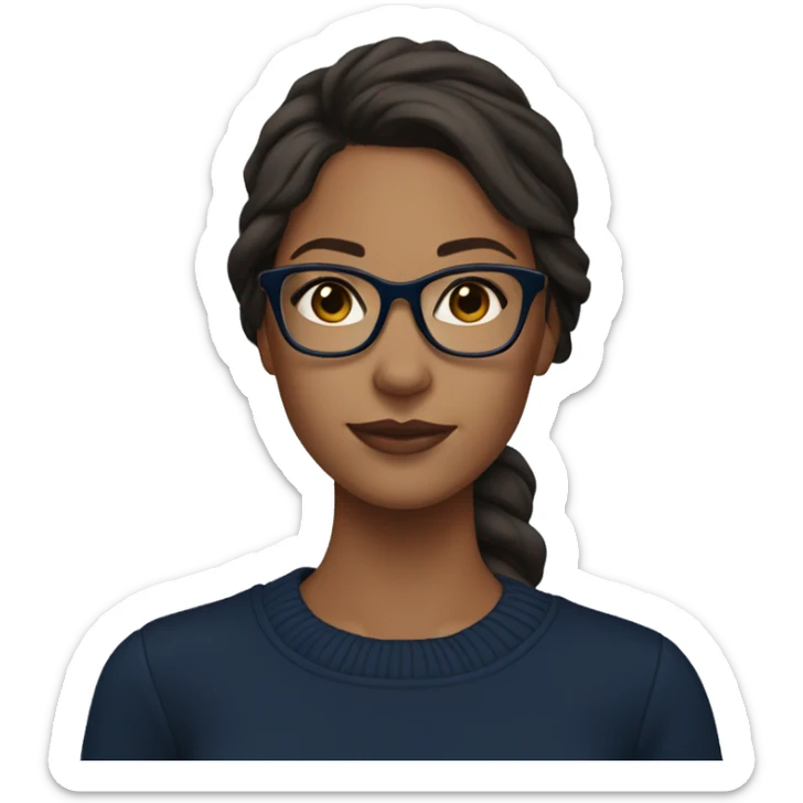 Tan girl in a navy blue sweater with medium length dark brown hair and clear glasses sticker