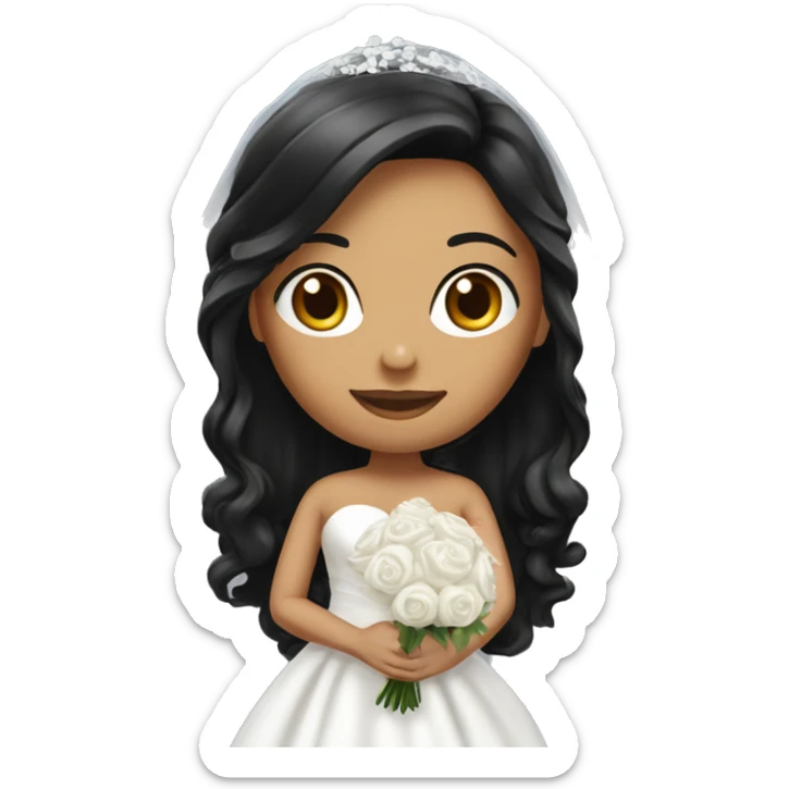 Bride with black long hair and black long Dress. And white long veil. And white bouquet in hand sticker
