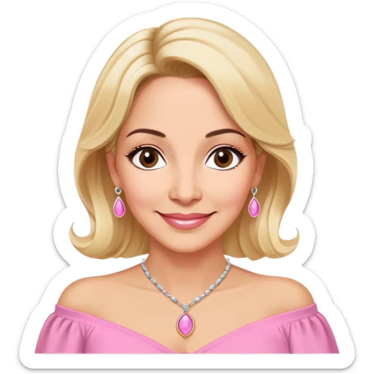 Warm-hearted Linette Torres, Puerto Rican actress in her 50s with light skin, loving expression, gentle eyes, sweet smile, elegant blonde hair, wearing a pink off-shoulder blouse and a pendant necklace sticker