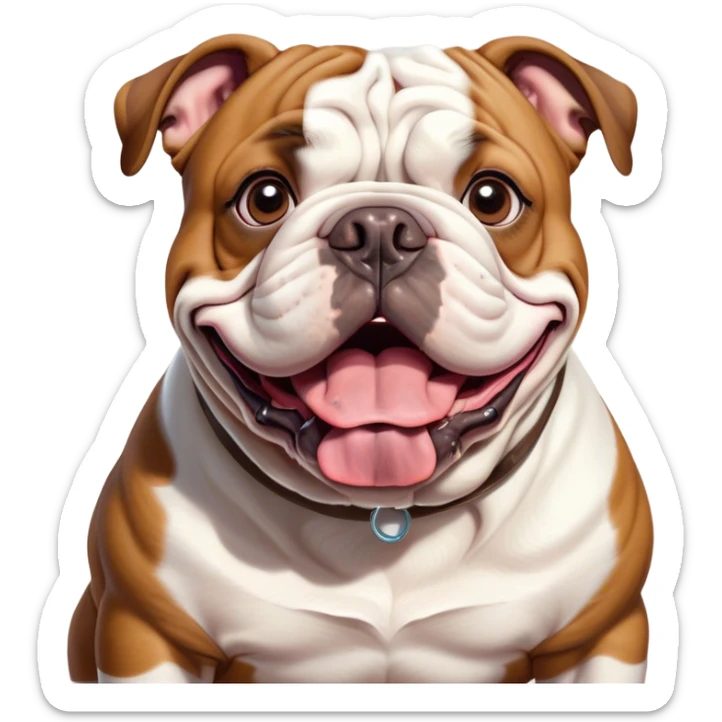 Cinematic Comical Brown and White English Bulldog Portrait Emoji, Head tilted dramatically with an exaggeratedly amused expression, featuring a striking brown and white coat with a bold pattern, wide, expressive brown eyes filled with playful disbelief, Simplified yet hilariously expressive features, highly detailed, glowing with a slightly sassy glow, high shine, dramatic yet playful, stylized with an air of cheeky defiance, bright and endearing, soft glowing outline, capturing the essence of a spirited and over-the-top guardian, so meme-worthy it feels like it could side-eye its way into internet fame instantly! sticker