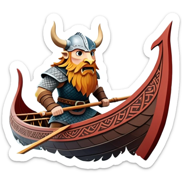 clash-of-clans-aesthetic_-cinematic-viking-longboat, rendered in a flat, bold vector style with minimal shading, featuring a striking dragon-headed prow slicing through icy, churning waters. shields on the side and vikings rowing The longboat’s intricately detailed shields and carved motifs evoke a sense of epic adventure and Nordic might, with billowing sails catching a dramatic, stormy sky backdrop. sticker