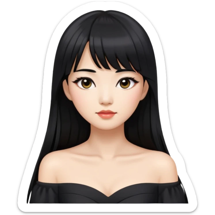 Asian woman with long black hair, straight bangs, black off-shoulder dress, and visible makeup sticker