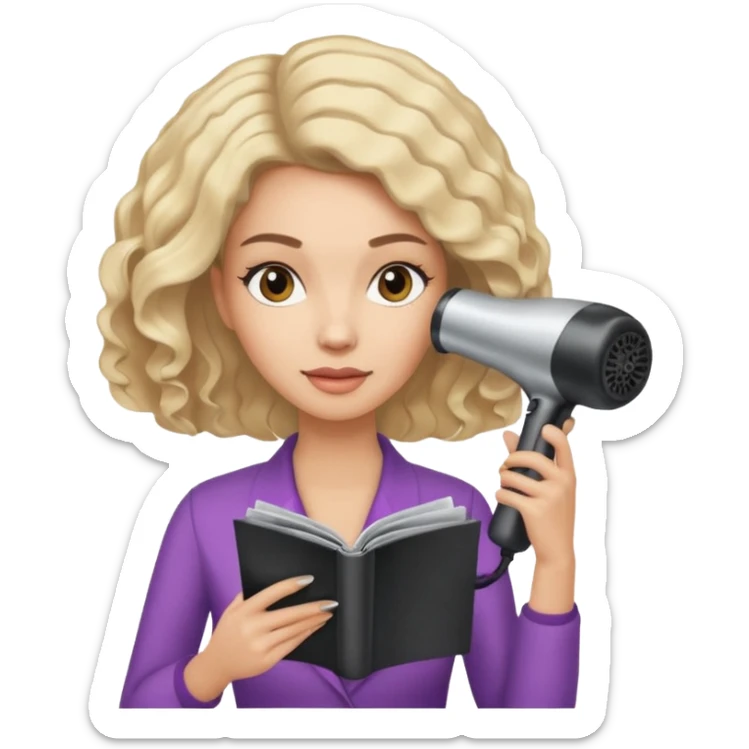 chica en la peluqueria con un secador en la cabeza y leyendo una revista sticker