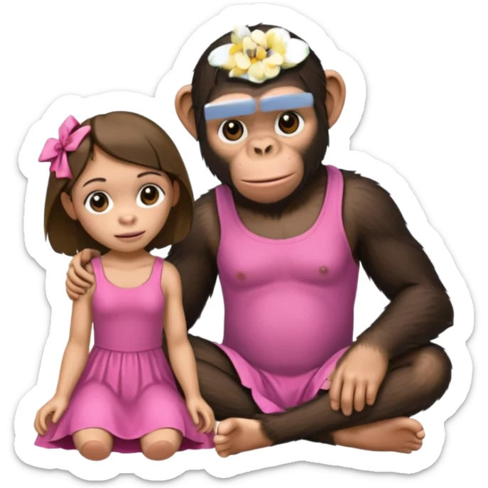 un chiomapnze sentado en el suelao al lado de una chica sticker