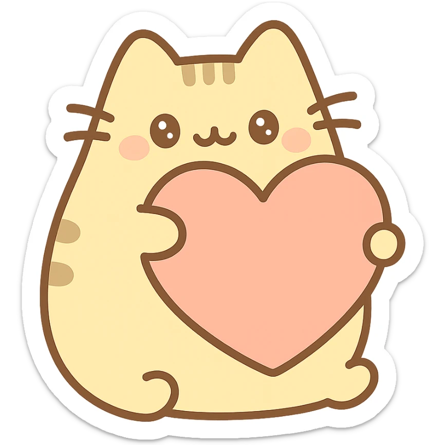 Pusheen hugging a big heart, pastel yellow and peach, sweet and adorable, kawaii style sticker