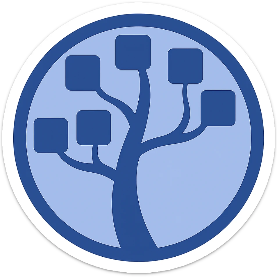 Re-imagine the WinDirStat logo in the flat blue style with clean, simple lines. Replace the green and black colors with various shades of blue for the circle, tree, and square leaves. Keep the tree and square leaves concept intact, using almost exclusively blue shades with minimal other colors. Prioritize clarity and consistency with other icons in this style, with a fully transparent background. sticker