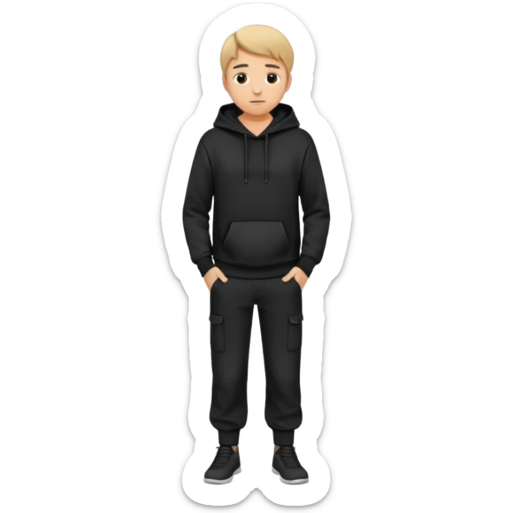 fullbody Mysterious shy caucasian man in black hoodie, hands in pockets and black pants sticker