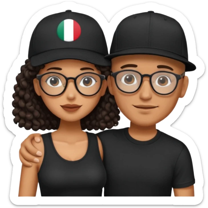 A picture of an embracing tanned couple. the man is a Mexican man with tanned skin, with a bald hair cut wearing a SnapBack hat and a black shirt. the woman wearing black glasses, with long curly dark brown hair and with big boobs.  sticker