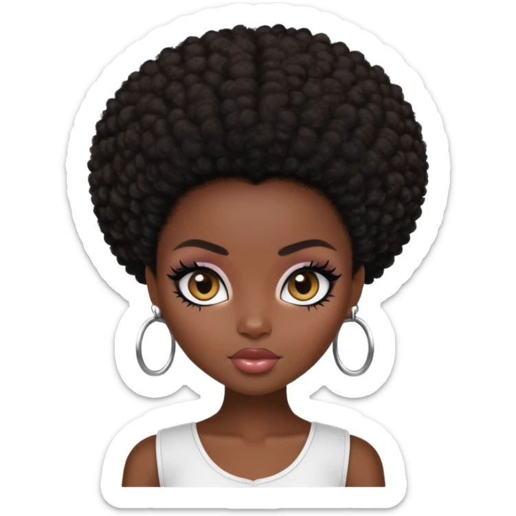 pretty bratz girl, dark black skin, dark brown afro, dark brown eyes, black eyeliner, deep black skin sticker