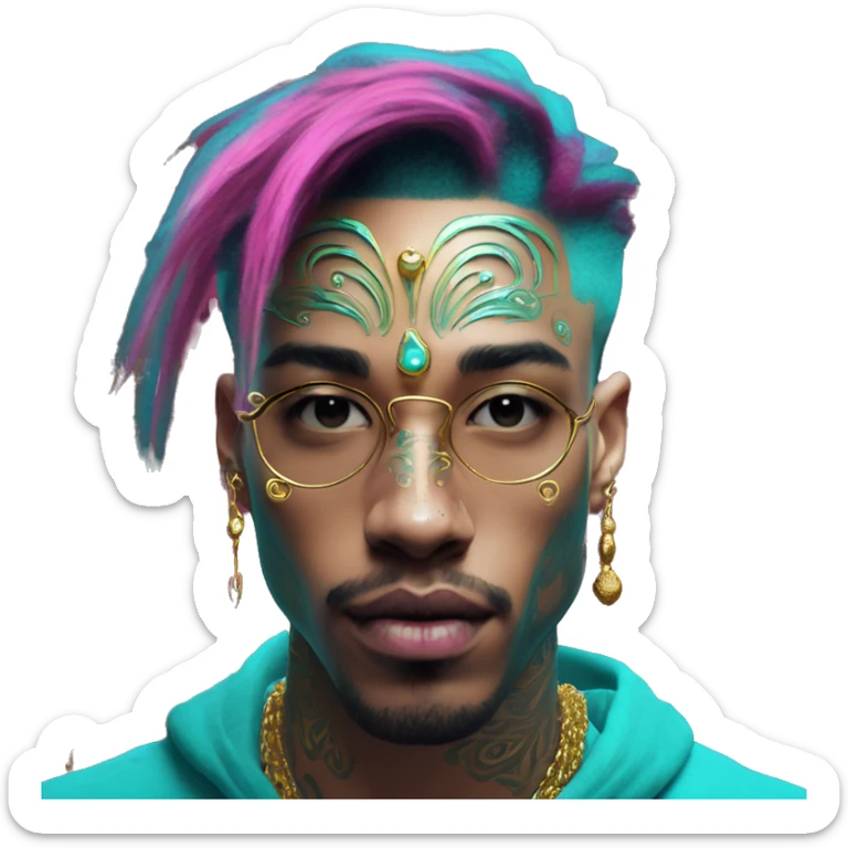 Vintage patina intricate swirls gold jewellery baroque golden raven tropical Deep pink maroon burgundy cyan dark hoodie man vitiligo dyed hair gold piercings nose piercing ear piercings sticker