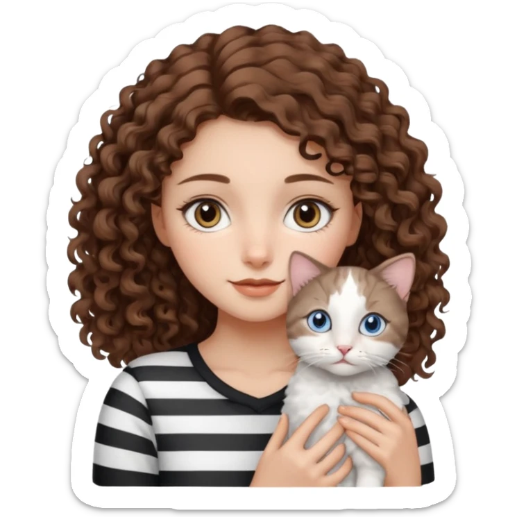 Haz un emoji de una chica con piel clara, ojos marrones, cabello castaño, rizado, cargando a un gato blanco con rayas negras y grises con ojos azules  sticker