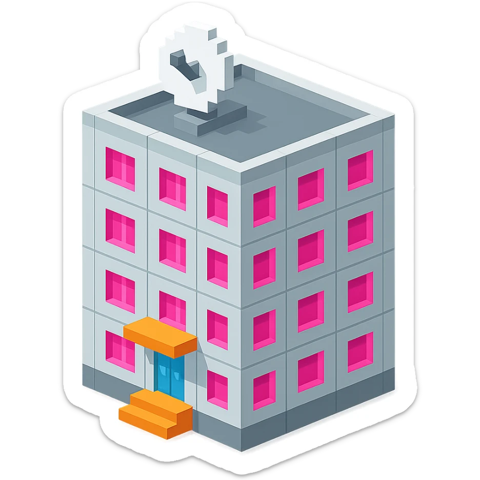 modern Russian panel apartment building, square block, light gray, bright pink windows, detailed entrance, large satellite TV dish on roof, isometric view sticker