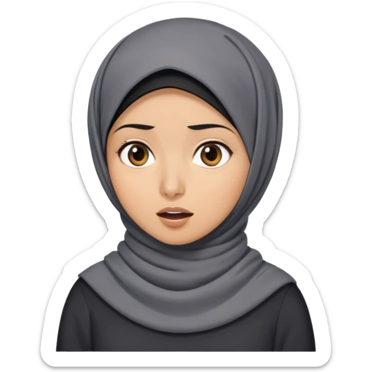 người phụ nữ 30 tuổi, da vàng, đội khăn hijab, tóc ngắn màu đen, mặt biểu cảm ngạc nhiên, áo màu xám đậm sticker