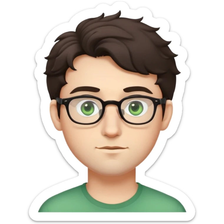 Young man with slightly curled dark brown poofy hair, green eyes wearing glasses, wide face with eyes set apart, bigger ears, pale skin, slightly bigger nose, and very light stubble sticker