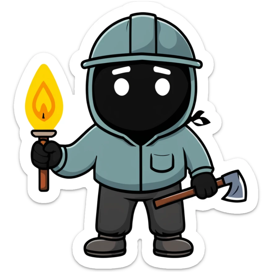 Coal miner from 19th century England with soot-covered face, helmet with lamp, and pickaxe sticker