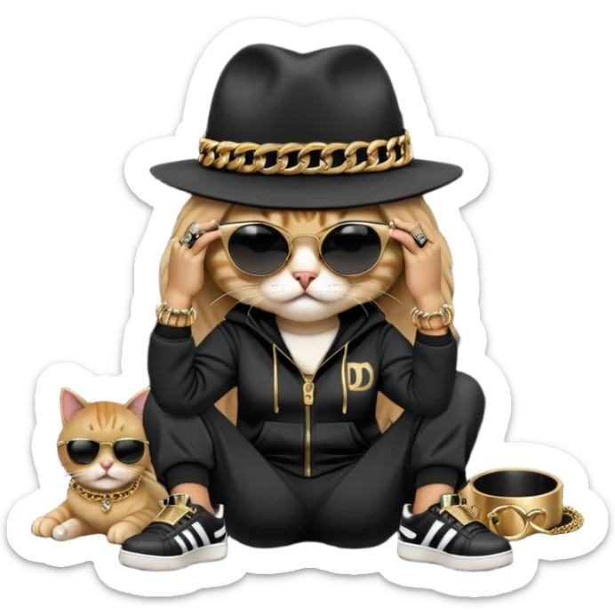female cat dressed like Run DMC with tracksuit, fedora, Adidas shoes, dark sunglasses, lots of gold chains, rings, bracelets, earrings, lying on the ground, distressed and crying sticker