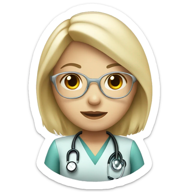 Light blonde female medical doctor with a fringe and a stethoscope sticker