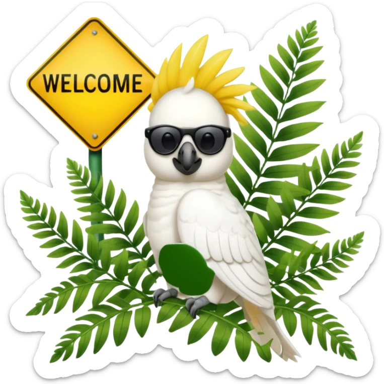 sulfer crested cockatoo wearing sunglasses sitting in a green fern tree with an australian street sign saying 'welcome to cockatoo' sticker