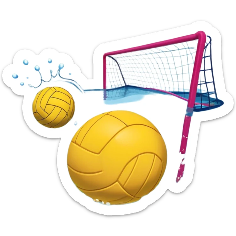 An icon featuring a yellow water polo ball floating on the water with goals in the background, inside a swimming pool. The design includes splashes and ripples, symbolizing the fast-paced action and strategy of water polo. Transparent background highlights. sticker