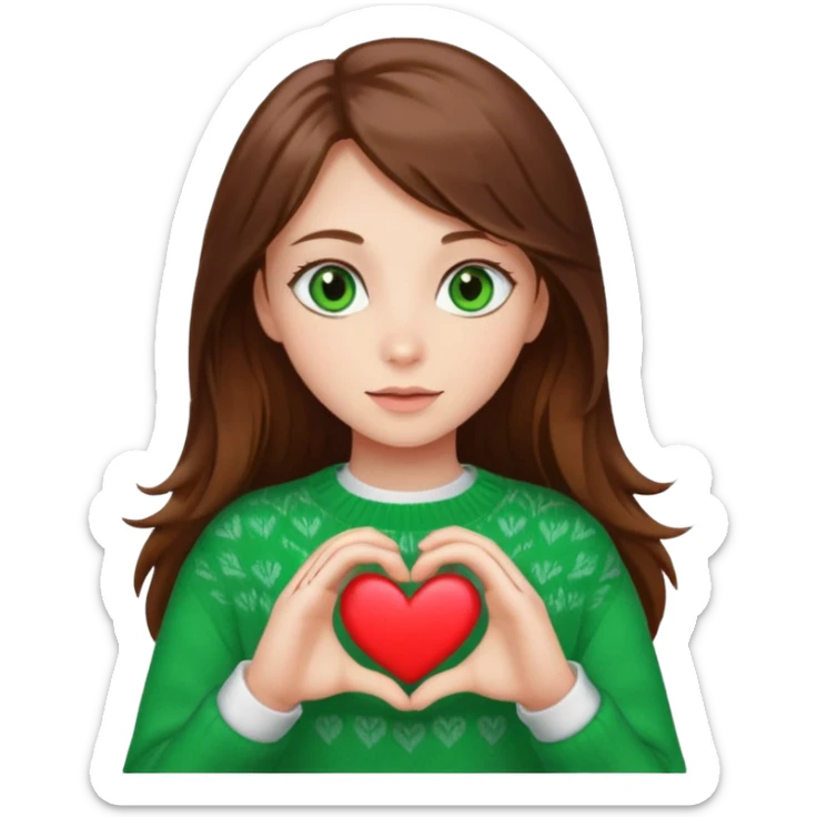 Girl green eyes brown long hair white warm sweater showing heart with her hands sticker