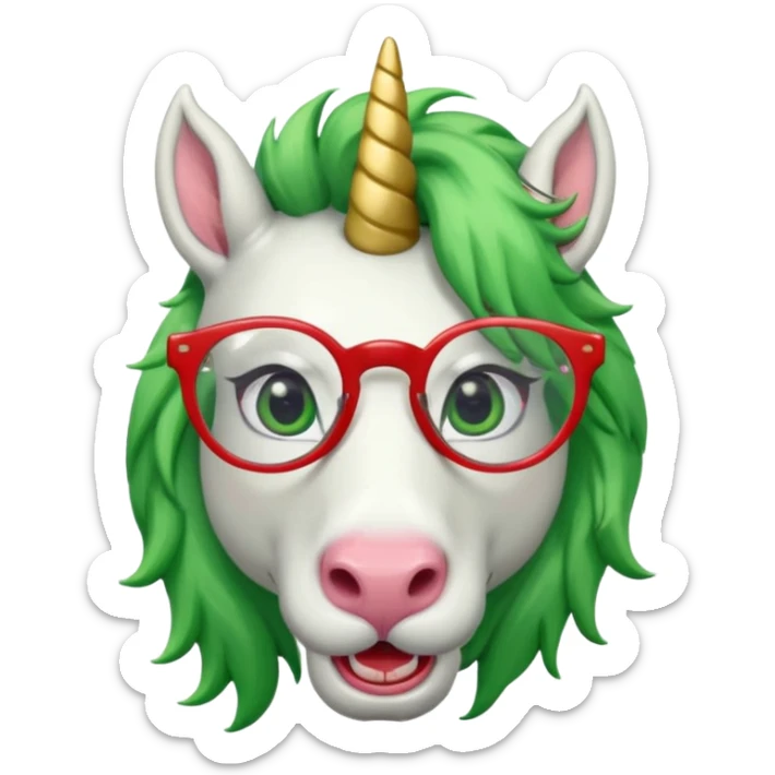 white furred unicorn with green hair and big red earrings looking into camera and spectacle and biiiggg earrings sticker