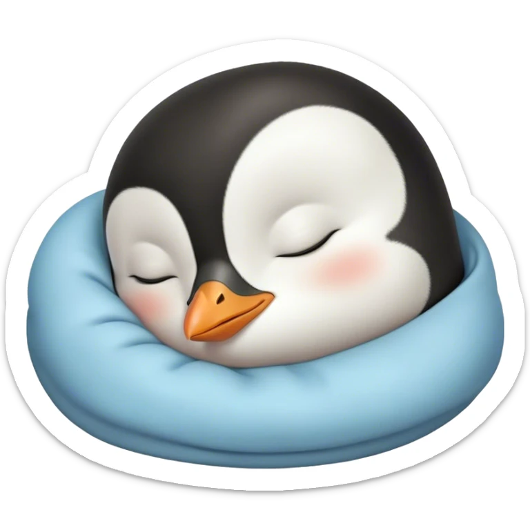 Meme-Worthy cute Sleeping Baby Penguin Portrait Emoji, Head resting peacefully with a contented smile, showcasing luxuriously soft down and a serene, slumbering gaze, Simplified yet hilariously adorable features, highly detailed, glowing with a soft, drowsy polar light, high shine, relaxed and utterly lovable, stylized with an air of playful laziness, bright and heartwarming, soft glowing outline, capturing the essence of a sleeping baby penguin that feels destined to become the next viral icon of adorable rest! sticker
