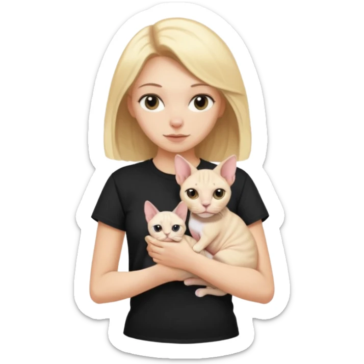 A white girl with blonde hair black T-shirt is holding a white Sphynx girl cat in her arms sticker