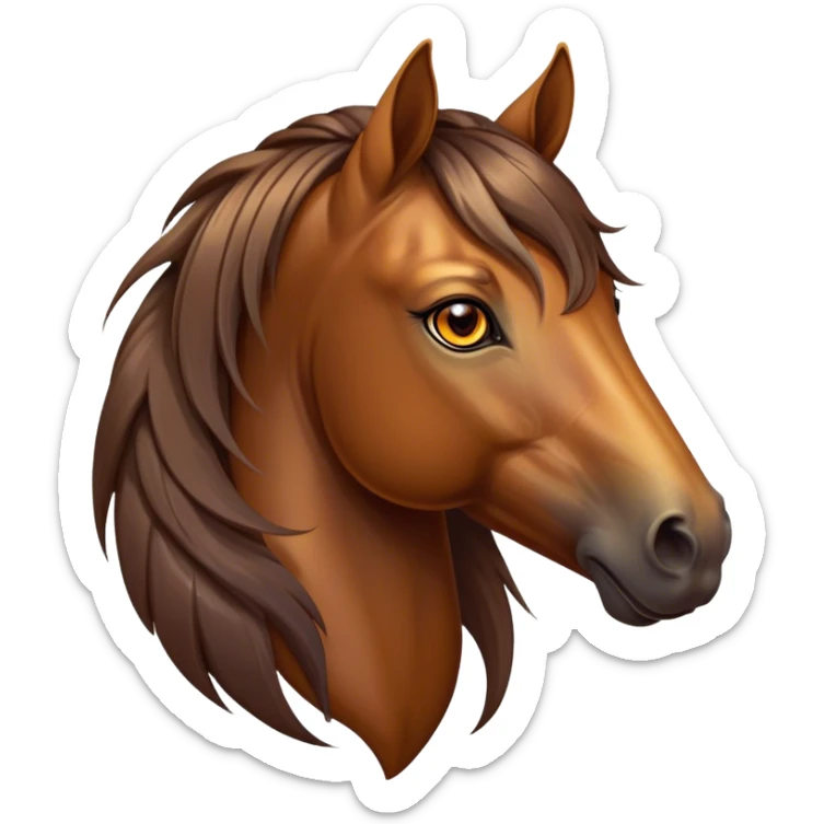Cinematic Elegant Bay Horse Portrait Emoji, Head held high with a serene, majestic gaze, showcasing a magnificent bay fur with a rich, lustrous sheen, a flowing mane and tail, and radiant amber eyes that exude beauty and grace, Simplified yet majestically refined features, highly detailed, glowing with a soft, ethereal light, high shine, poised and breathtaking, stylized with an air of pure elegance, capturing the essence of a stunning and graceful steed, so beautiful it feels like it could gallop out of the screen with effortless charm! sticker