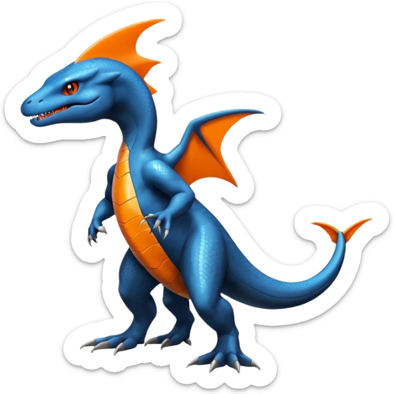 Shiny Black Koraidon-Latios-Salandit-Fakémon-hybrid-creature (full body) with orange belly sticker