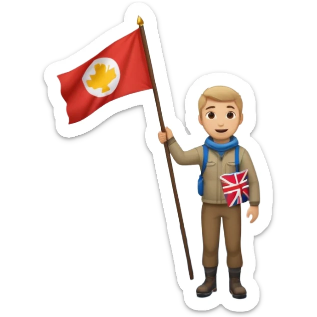 a happy guy standing on top of a mountain with a little snow under his feet, holding a flag in his hand sticker