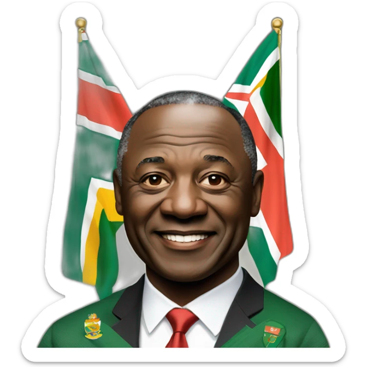 President Cyril Ramaphosa with the flag of South Africa behind him sticker