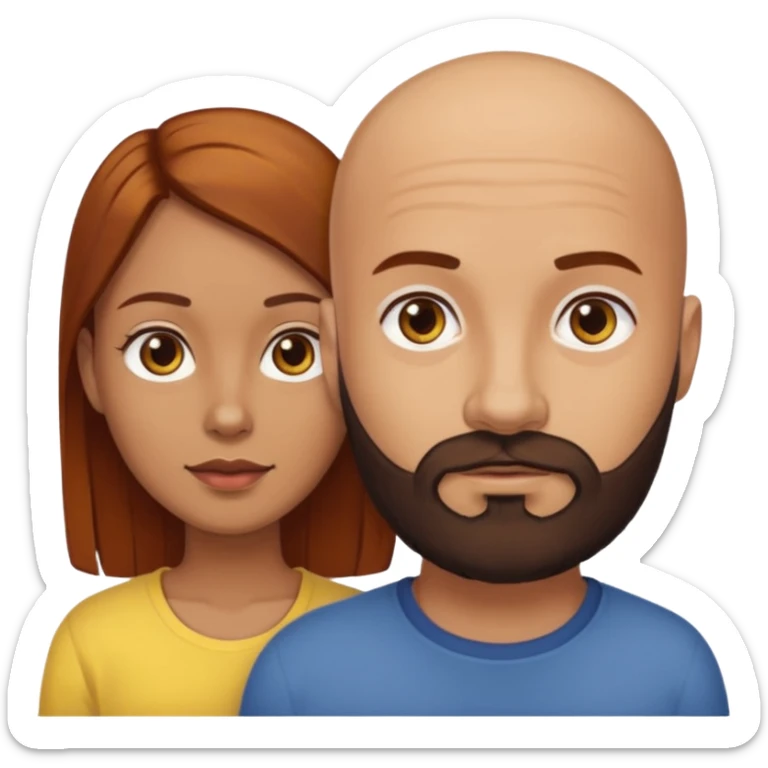 Couple. A bald man with dark brown beard and a girl with light skin. She has dark yellow brown auburn hair. Different skincolor. She has very light skin. sticker