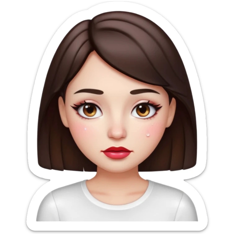 “Emoji brunette girl white top, dewy skin, heavy blush across cheeks and nose bridge, glossy cherry lips, soft eyeliner, teary sparkling eyes like hanni from new jeans sticker