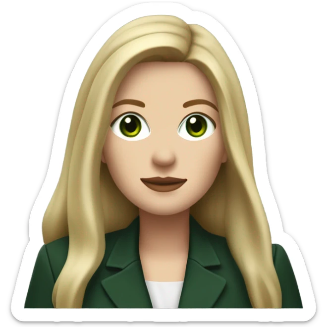 Realistic White woman with Long straight blonde hair and green eyes, dark green Wool oversize blazer, mini skirt and Brown heeled leather boots  sticker