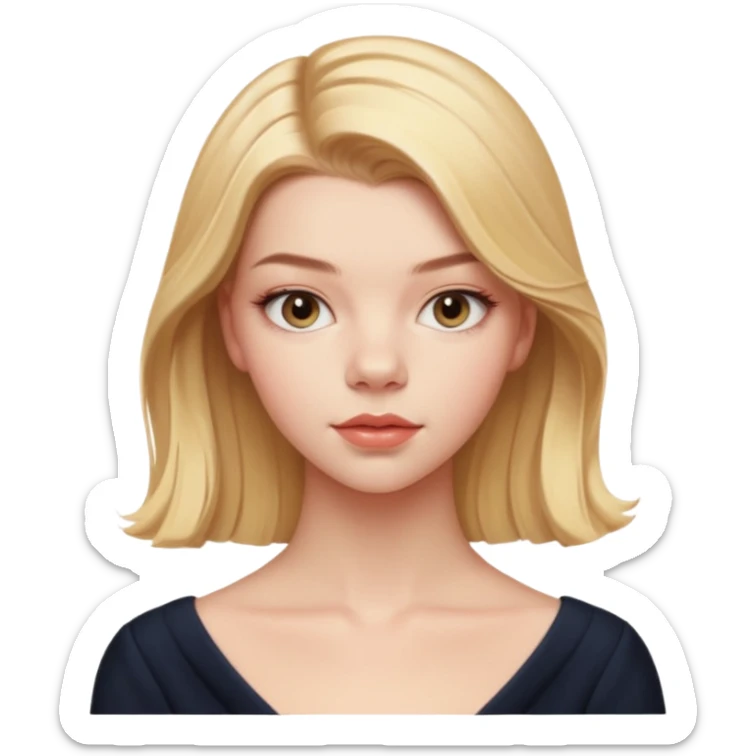 Cinematic Realistic Anya Taylor Joy Portrait, depicted with lifelike skin texture, subtle rosy undertones, and soft natural lighting that enhances the gentle contours of her face. Her intricately detailed golden blonde hair is elegantly. sticker