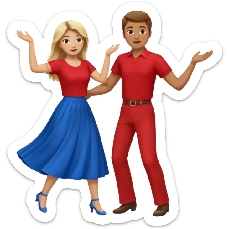 Two people dancing. Man in red shirt and  red pants with brown hair. Women in blue shirt and long skirt with blond hair. sticker