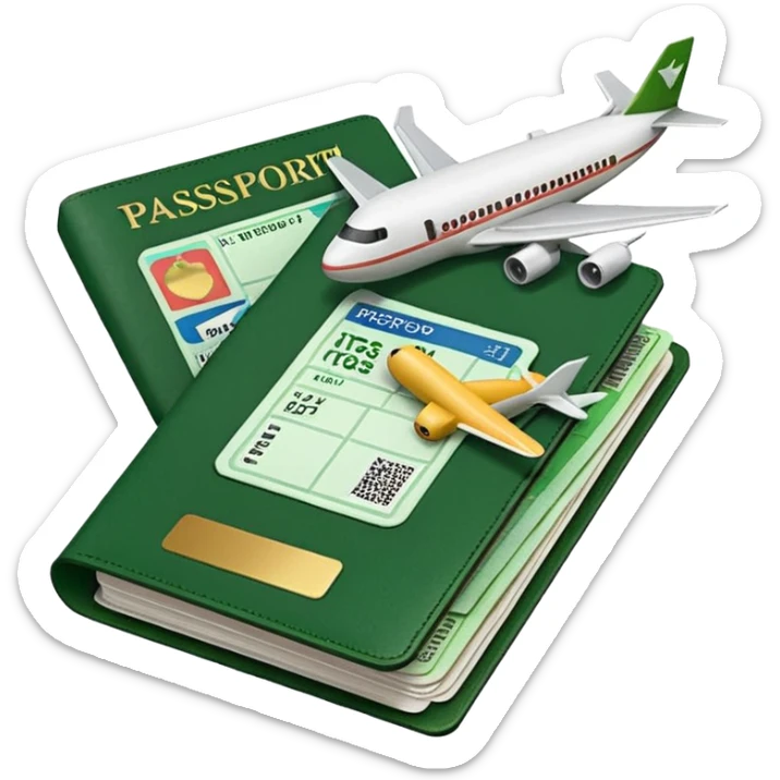emoji of passport with airplane tickets sticking out, Apple emoji style, colors #173e12 and #c1a793, no text sticker