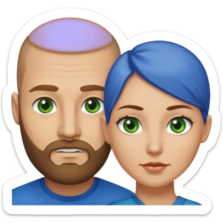 Man on left with shaved head with dark blonde beard and blue eyes, woman on the right with long dark brown hair green eyes  sticker